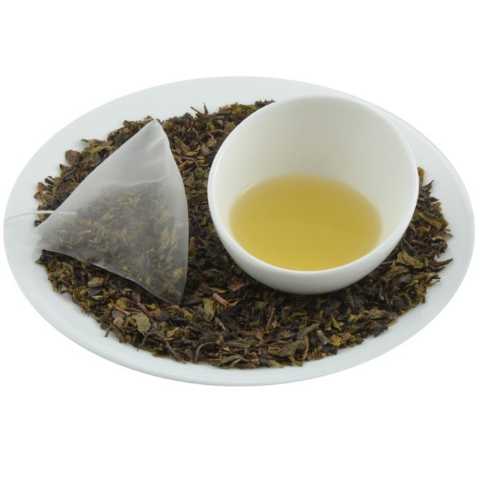 Organic green tea in pyramid tea bag